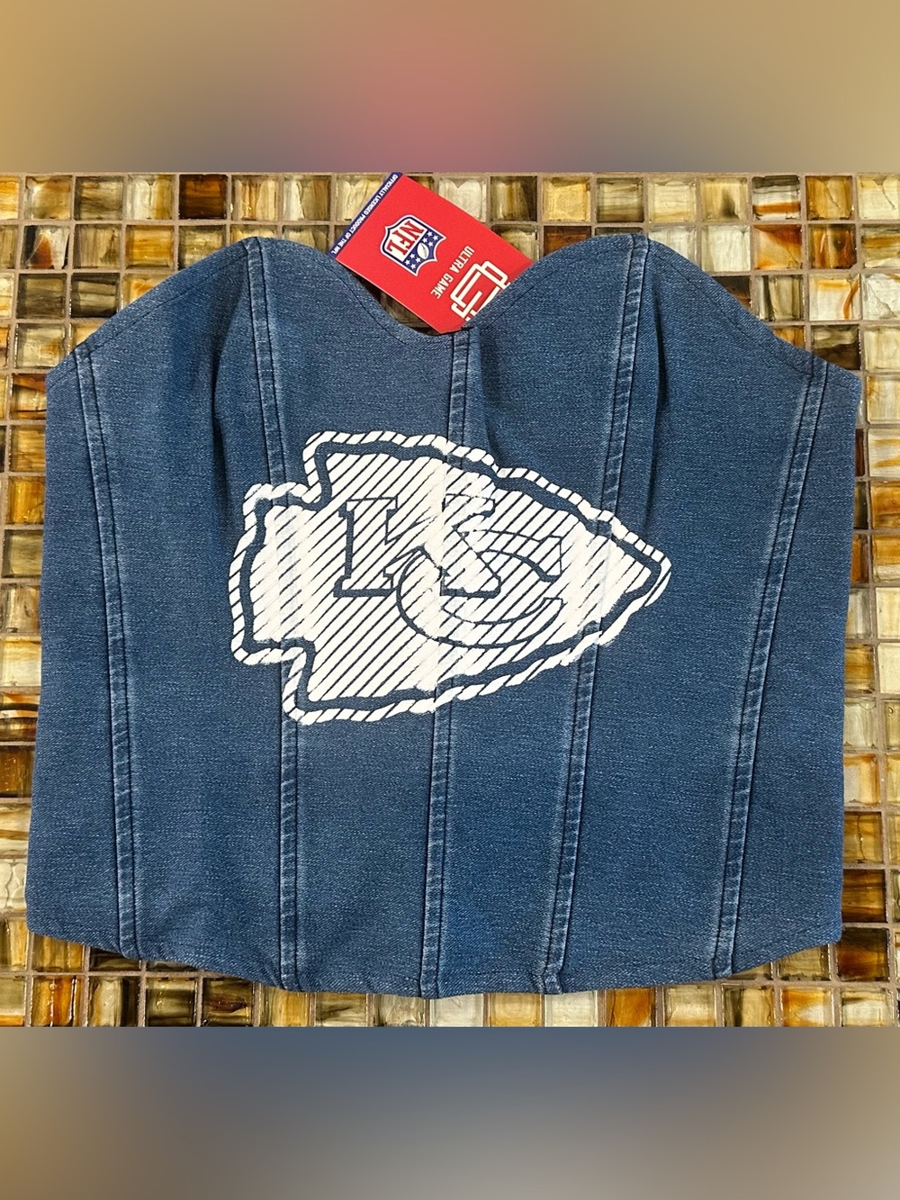 NWT Women’s Kansas City Chiefs Denim Corset Top~L~NFL Ultra Game~Lace Up~$40